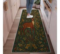 Deer Runner Rug, Autumn Nature Leaves Berries Fall Green Low Pile Home Floor Rectangle Print Carpet for Kitchen Entryway Laundry Room Bedside Decor 2x6 Ft