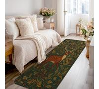 Deer Runner Rug, Winter Rustic Leaves Berries Winter Green Low Pile Sponge Edge Binding Home Rectangle Carpet for Kitchen Entryway Bathroom Doorway Decor 2x8 Ft