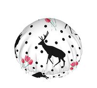 Deer Shower Cap Pink Tulip Flower Black Polka Dots Circle Reindeer Large Bath Caps for Women Men Girls Long Hair Waterproof Reusable Hats
