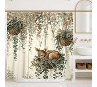 Deer Shower Curtain, Watercolor Brown Beige Fawn Bathroom Decor, Spring Summer Nature Inspired Modern Fabric Shower Curtain with Hooks 72x72 Inch