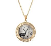 Deer Silhouette Necklace, Round Pendant Alloy with Diamond, Elegant Pendant Necklace for Women Men, Una talla, Metal, Alloy.