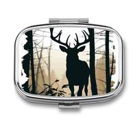 Deer Silhouette Pill Box 2 Compartment Portable Travel Pill Case with Mirror Square Metal Medicines Storage Container Pocket Medicine Box to Hold Vitamins Fish Oil