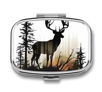 Deer Silhouette Pill Box, 2 Compartments, Portable Pill Organizer for Pocket or Purse, Decorative Metal Medicine and Vitamins Organizer