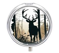 Deer Silhouette Pill Box 3 Compartment Portable Travel Pill Case with Mirror Round Metal Medicines Storage Container Pocket Medicine Box to Hold Vitamins Fish Oil