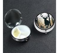 Deer Silhouette Pill Box 3 Compartment Round Metal Pill Case for Purse & Pocket, Portable Medicine Organizer Travel Pillbox Daily Pill Container Holder to Hold Vitamins, Fish Oil