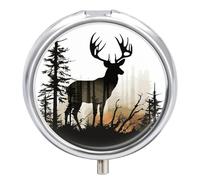 Deer Silhouette Portable Pill Box with 3 Compartments Travel Pill Box with Round Metal Mirror for Medication Storage, Medicine Box for Storing Vitamins and Oil