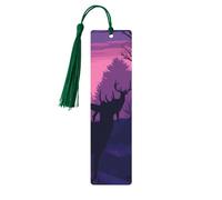 Deer Silhouette Wooden Bookmarks 5 Pcs,Handmade Double-Sided Printed Book Marks Page Markers with Dark Green Tassels Book Accessories Gift for Book Lovers Women Men