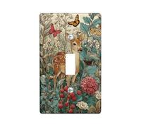 Deer Single Light Switch Cover Plate, Nature Floral Butterfly Flower Spring Green Plastic Standard Size Decorative Wall Plates for Living Room Bedroom Home Office Decor (Single)
