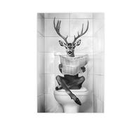 Deer Sitting on The Toilet Reading A Newspaper, Funny Bathroom Wall Art, Retro Animals, Toilet Humor Print, Cute Deer, Ai Art-1
