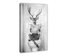 Deer Sitting on The Toilet Reading A Newspaper, Funny Bathroom Wall Art, Retro Animals, Toilet Humor Print, Cute Deer, Ai Art-1