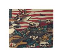 Deer Skull Music Player U.S. Flag Leather Bifold Wallet for Men Slim Card Cases with 2 Slots Minimalist Coin Purs