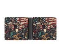Deer Skull Music Player U.S. Flag Leather Bifold Wallet for Men Slim Card Cases with 6 Slots Minimalist Coin Purse