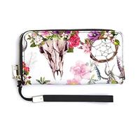 Deer Skulls with Flowers and Dream Catchers Watercolor Long Clutch Wallet, Long Handbag with Removable Wristlet Strap, PU Leather Zip Purse, Credit Pass Case Card-Holder for Men Women