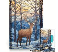 Deer Snowy Stained Glass 1000 Piece Puzzle For Adults Creative Play Snug Joint Real Challenge Night Activity (38x52cm)