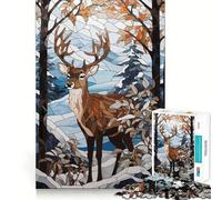 Deer Snowy Stained Glass Jigsaws for Adults1000 Pieces Tension Relief Vivid Print Playful Challenge Perfect Decor (38x52cm)