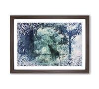 Deer Stag in a Blue Forest in Abstract Framed Print | A2 Walnut Framed Wall Art | Ready to Hang | Abstract Animal Picture | Living Room Bedroom Lounge Office