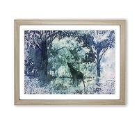 Deer Stag In A Blue Forest In Abstract Modern Art Framed Print | A3 Oak Framed Wall Art | Ready to Hang | Abstract Animal Picture | Living Room Bedroom Lounge Office