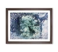 Deer Stag In A Blue Forest In Abstract Modern Art Framed Print | A4 Walnut Framed Wall Art | Ready to Hang | Abstract Animal Picture | Living Room Bedroom Lounge Office