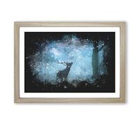 Deer Stag in a Blue Forest Paint Splash Framed Print | A2 Oak Framed Wall Art | Ready to Hang | Modern Animal Picture | Living Room Bedroom Lounge Office