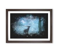 Deer Stag in a Blue Forest Paint Splash Framed Print | A2 Walnut Framed Wall Art | Ready to Hang | Modern Animal Picture | Living Room Bedroom Lounge Office