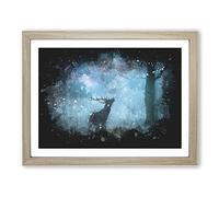Deer Stag In A Blue Forest Paint Splash Modern Art Framed Print | A4 Oak Framed Wall Art | Ready to Hang | Modern Animal Picture | Living Room Bedroom Lounge Office
