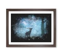 Deer Stag In A Blue Forest Paint Splash Modern Art Framed Print | A4 Walnut Framed Wall Art | Ready to Hang | Modern Animal Picture | Living Room Bedroom Lounge Office