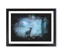 Deer Stag In A Blue Forest Paint Splash Modern Art Framed Wall Art Print, Ready to Hang Picture for Living Room Bedroom Home Office Décor, Black A4 (34 x 25 cm)