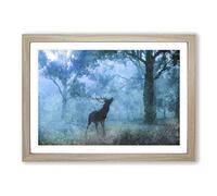 Deer Stag in a Blue Forest Painting Framed Print | A2 Oak Framed Wall Art | Ready to Hang | Modern Animal Picture | Living Room Bedroom Lounge Office