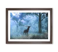 Deer Stag In A Blue Forest Painting Modern Art Framed Print | A2 Walnut Framed Wall Art | Ready to Hang | Modern Animal Picture | Living Room Bedroom Lounge Office