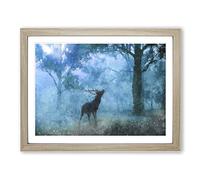 Deer Stag In A Blue Forest Painting Modern Art Framed Print | A4 Oak Framed Wall Art | Ready to Hang | Modern Animal Picture | Living Room Bedroom Lounge Office