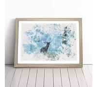 Deer Stag in a Blue Forest Watercolour Framed Wall Art Picture Print - Canvas Painting - Modern Home Décor Poster - Ready to Hang for Living Room Bedroom Kitchen - Oak A3 (36 x 48 cm)