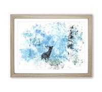 Deer Stag In A Blue Forest Watercolour Modern Framed Print | A3 Oak Framed Wall Art | Ready to Hang | Modern Animal Picture | Living Room Bedroom Lounge Office