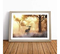 Deer Stag in an Autumn Forest in Abstract Framed Wall Art Picture Print - Canvas Painting - Modern Home Décor Poster - Ready to Hang for Living Room Bedroom Kitchen - Oak A1 (66 x 90 cm)
