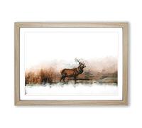 Deer Stag in The Fog in Abstract Framed Print | A2 Oak Framed Wall Art | Ready to Hang | Abstract Animal Picture | Living Room Bedroom Lounge Office