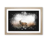 Deer Stag in The Fog Paint Splash Framed Print | A2 Oak Framed Wall Art | Ready to Hang | Modern Animal Picture | Living Room Bedroom Lounge Office