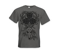 Deer Stag Skull with Celtic Spiral Large Print Men's T-Shirt (XL, Charcoal Grey)