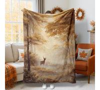 Deer Throw Blanket, Fall Nature Forest Trees Fall Brown Plush Blanket Lightweight Compact Aesthetic for Couch Sofa Bed Chair Recliner Office Lap 40x50 Inch