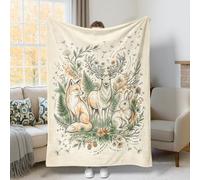 Deer Throw Blanket, Nature Rustic Foxes Rabbit Fall Green Fuzzy Blanket Compact Decorative Aesthetic for Couch Sofa Bed Car Chair Office Desk 50x60 Inch