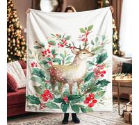 Deer Throw Blanket, Winter Rustic Berries Leaves Winter Green Fuzzy Blanket Compact Decorative Aesthetic for Couch Sofa Bed Recliner Dorm Lap Chair 50x60 Inch