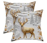 Deer Throw Pillow Covers Set of 2, Nature Elegant Flowers Trees Winter Gold Soft Velvet Washable Cover Decorative Pillows for Home Bedroom Living Room Sofa Couch Decor 12x12 Inch