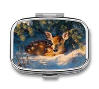 Deer Under Evergreen Tree in The Snow Pill Box 2 Compartment Portable Medicine Pill Case Travel Pill Organizer for Pocket Purse