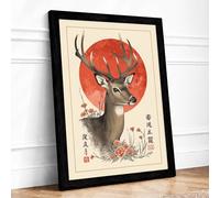 Deer Under Rising Sun Japandi Framed Wall Art Print A1 (84.1×59.4cm) Black, Wall Decor for Living Room, Bedroom, Office & Home, Ready to Hang, Art Gift