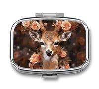 Deer Wearing Flowers Pill Box,2 Compartments Square Pills Container,Portable for Pocket Or Purse Pill Organizer to Hold Vitamins,Medication,Fish Oil,etc