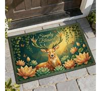 Deer Welcome Door Mat, Nature Geometric Water Lily Butterfly Fall Green Washable Low Profile Under Doormat Rug for Home Indoor Outdoor Entryway Porch Decor 29x17 Inch