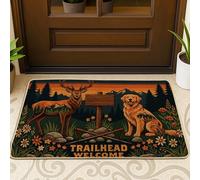 Deer Welcome Door Mat, Rustic Outdoor Dog Pinetrees Fall Orange Non-Slip Dirt Trapper Under Doormat Rug for House Office Outside Inside Entrance Decor 29x17 Inch