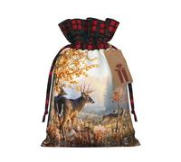 Deer Wildlife Art Christmas Drawstring Linen Gift Bag Paired With Scottish Plaid Fabric, With A Delicate And Simple Texture