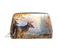 Deer Wildlife Art Print Leather Cosmetic Pouch, Leather Makeup Bag for Purse with Top Zip Closure Stylish Toiletry Bag