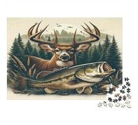 Deer with Big Fish 1000 Piece Puzzle Nature Deer Art Vivid Colors Precision-cut Premium Cardboard for Beginners 52x38cm/1000pcs