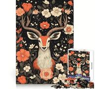 Deer with Flowers on Black Background Jigsaw Puzzle 1000 Piece for Teenagers Logic Fun Premium Print Home Enjoyable Nice Decor (50x75cm)