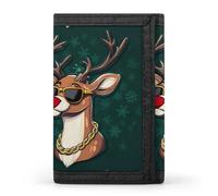 Deer with Gold Chain and Glasses Trifold Men's Wallets with 8 Card Slots & Key Hook Slim Travel Purse Money Clip